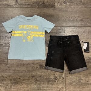 True Religion 2-Piece Set Black Jean Shorts Jorts Light Blue T-Shirt Kids Size 6